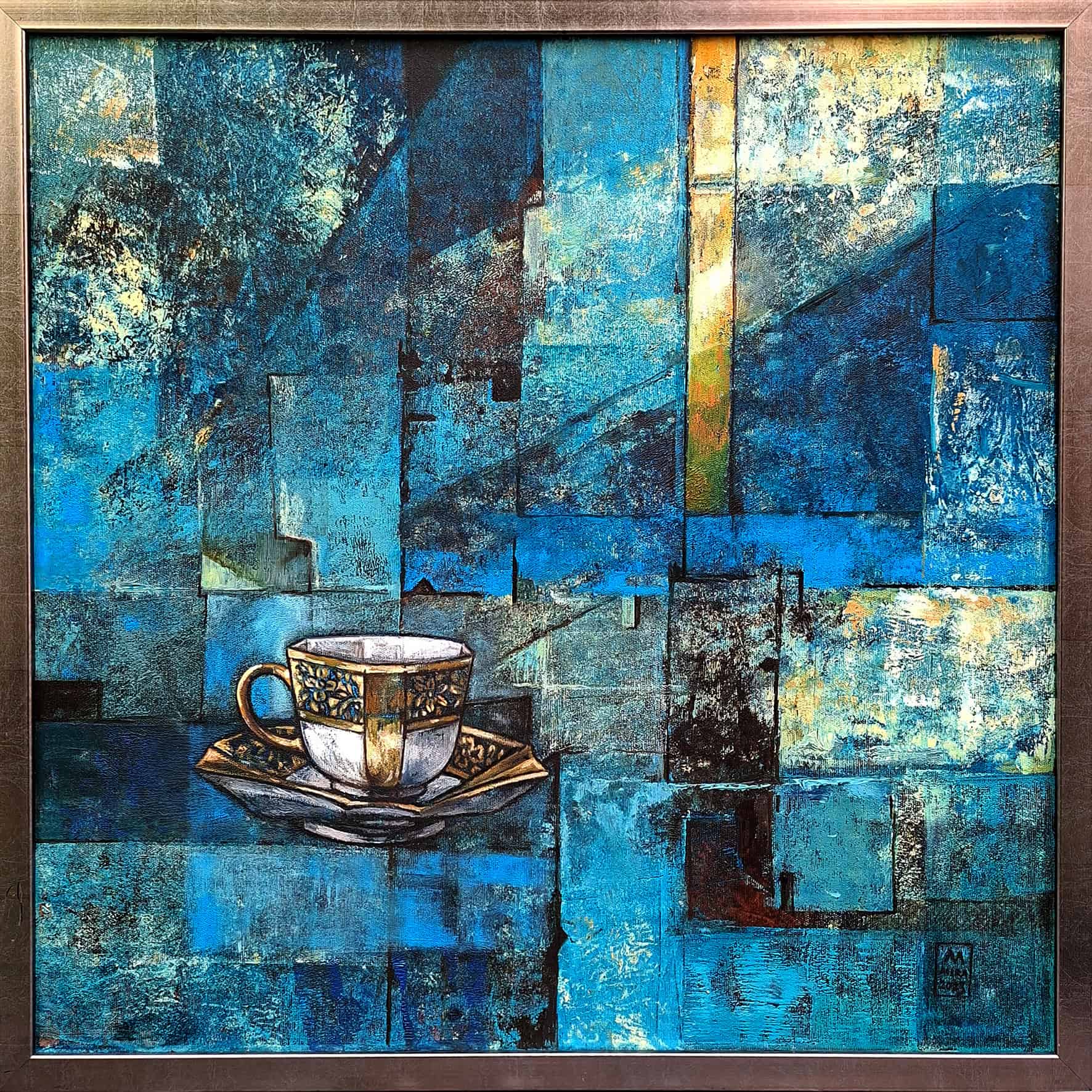 Turkusowa abstrakcja z secesyjna filiżanka 60×60